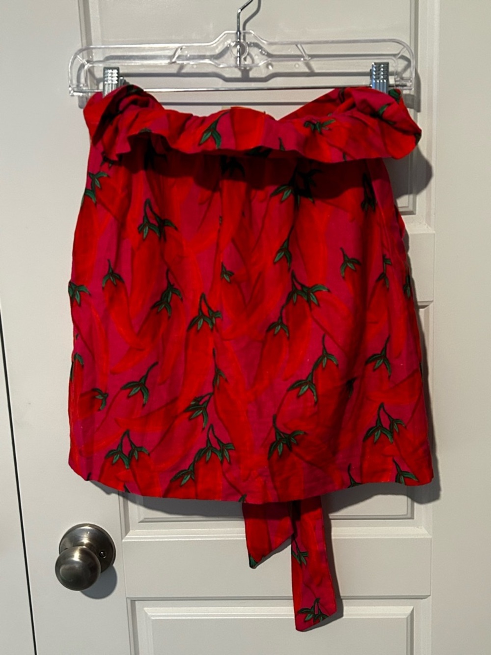 Farm Rio Red Pepper Mini Skirt XS Red Linen Blend Paper Bag Waist Tie Pockets - Picture 6 of 7